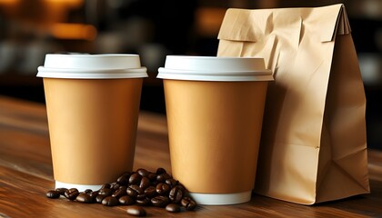 Wall Mural - Cozy coffee shop scene with two paper cups and a brown paper bag on a rustic wooden table