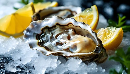 Wall Mural - Fresh oysters on ice garnished with zesty lemon wedges