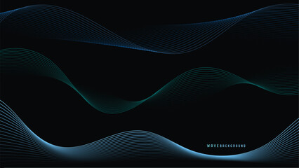 Poster - Elegant wave background design featuring smooth, flowing lines in shades of blue and green against black backdrop, creating modern and dynamic visual effect.