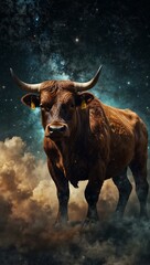 Wall Mural - Panoramic banner of a powerful bull emerging from the cosmos, representing Taurus.