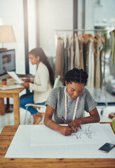 Aufkleber - Fashion designer, draft and woman with sketch in workshop for clothing ideas. Tailor, art and hands of female person with drawing for creative illustration, pattern and planning in startup business.