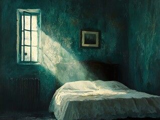 Sticker - Sunbeams in a Teal Bedroom - A Painting of Light and Calm