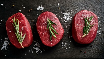 Raw beef filet mignon steaks with rosemary, pepper and salt on dark rustic board