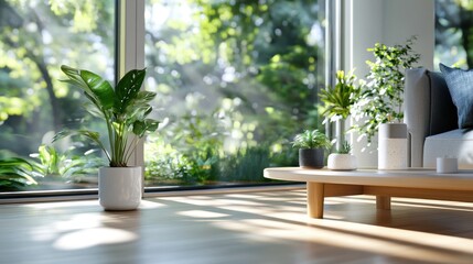 Spacious living room with a large window, comfy sofa, coffee table and vibrant green plants, offering lots of natural light and a beautiful outdoor green view.