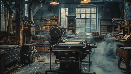 Wall Mural - A steam-powered printing press churning out books in a busy workshop