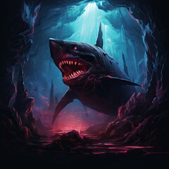 Shark in the dark waters in the cyberpunk style.