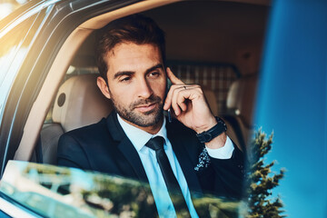 Poster - Business, man and phone call in car for travel with communication, corporate schedule and information. Professional, male person and mobile for discussion, agenda and negotiation of transport traffic