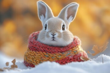 Wall Mural - mischievous arctic hare in vibrant winter scarf frolicking through snowy landscape soft fur texture 
