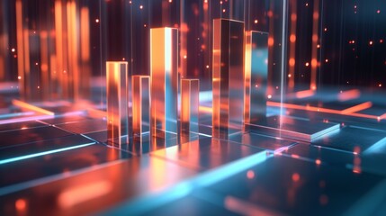 Aufkleber - An abstract 3D bar graph set in a virtual environment, with metallic bars and glowing lines representing financial analytics and projections.