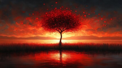 Canvas Print - A lone tree with red leaves in the shape of hearts stands in a lake at sunset.