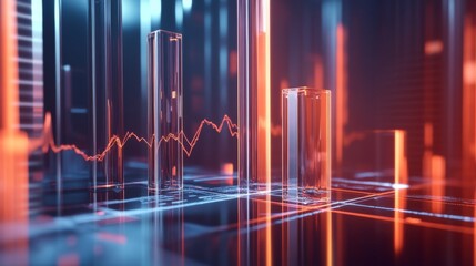 Poster - an abstract 3d bar graph set in a virtual environment, with metallic bars and glowing lines represen