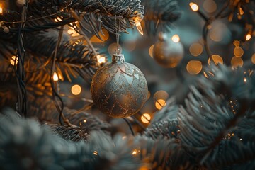Wall Mural - festive christmas ornament on pine tree with lights