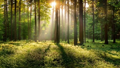  Wald Panorama mit Sonnenstrahlen