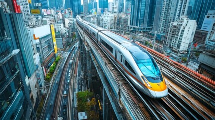 Poster - An aerial view of a high-speed train traveling on elevated tracks through a bustling cityscape, highlighting its integration into urban transit systems.