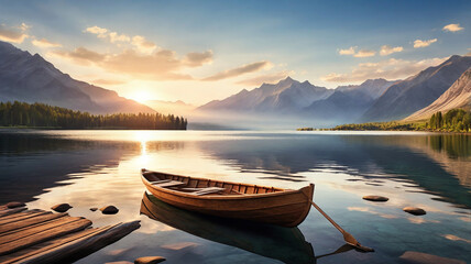 Naklejka na meble A rustic rowboat drifts on a calm lake, oars still, as the sun sets behind towering mountains