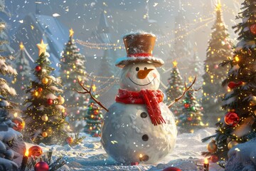 Festive snowman in winter wonderland scene