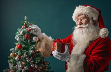 Santa Claus holds gift next to the Christmas tree on green background