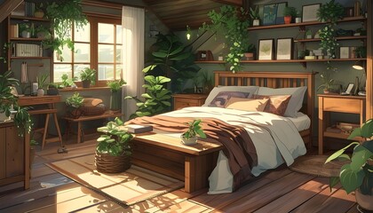 Wall Mural - Serene rustic bedroom in anime lofi style featuring wooden furniture, warm lighting, plants, and decorative touches creating a cozy atmosphere