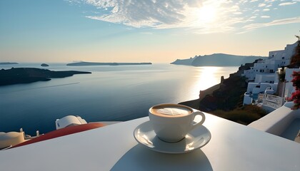 Wall Mural - Serene Morning Coffee with Panoramic Views of Santorini and Sparkling Aegean Sea