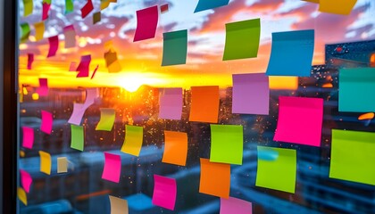 Colorful Sticky Notes Illuminated by Sunset Glow on Office Window