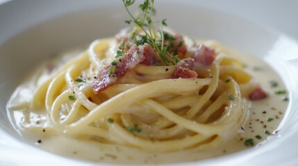 Canvas Print - An elegant presentation of spaghetti carbonara on a white plate, with the creamy sauce and crispy pancetta beautifully arranged, garnished with fresh herbs for added color.