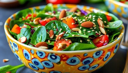 Wall Mural - Vibrant Spinach Salad with Almonds, Sesame Seeds, and Fresh Vegetables in a Decorative Bowl