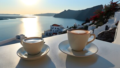 Wall Mural - Serene Morning Coffee with Panoramic Views of Santorini and Sparkling Aegean Sea