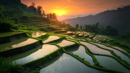 Poster - An evening view of terraced rice fields with the soft glow of sunset illuminating the water-filled paddies and highlighting the field patterns.