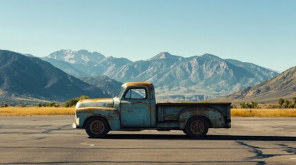 An old, rusty pickup truck parked against a scenic mountain backdrop.