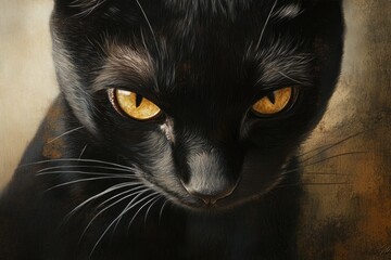 Canvas Print - Close-up of a Black Cat with Intense Golden Eyes