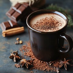 Hot chocolate with festive sprinkles and a gingerbread man cookie, minimal holiday decor.