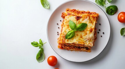 Poster - An overhead shot of a delicious Italian lasagna with layers of meat, cheese, and tomato sauce, served on a white plate with a white background for a classic look