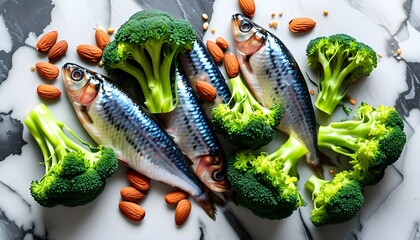 Wall Mural - Vibrant healthy eating display featuring raw broccoli florets, almonds, and fresh sardines on a stylish marble backdrop