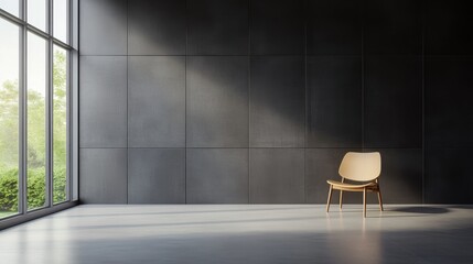 A chair is sitting in a room with a large window