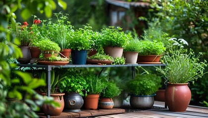 Canvas Print - Vibrant Patio Oasis Featuring Potted Herbs and Lush Greenery on an Elegant Metal Stand