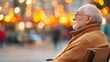 © Pinklife - An old man wearing a brown sweater sits on a bench, gazing forward while surrounded by a soft bokeh effect of glowing city lights, creating a tranquil, introspective scene.