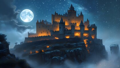 Medieval castle bathed in moonlight, standing atop a foggy cliff beneath a starry night sky