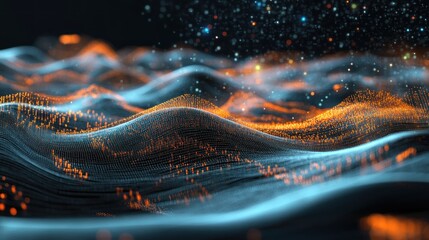 Abstract blue and orange 3d mesh background with bokeh effect.