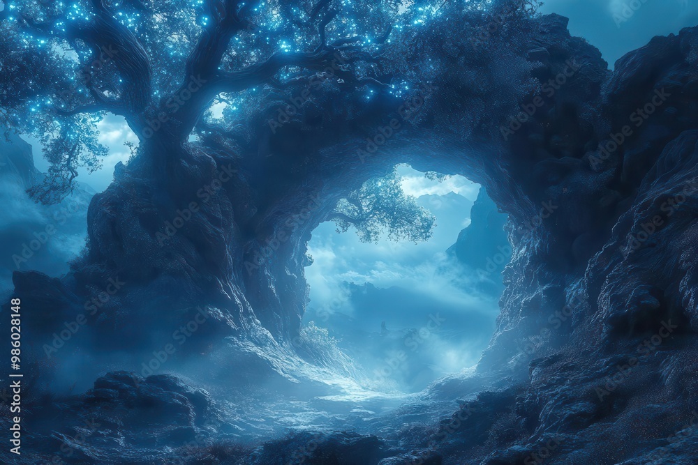 mystical cave entrance glows with bioluminescent fungi in a dark misty ...