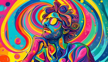 Wall Mural - Contemplative Figure Amidst Vibrant Swirls and Colorful Patterns