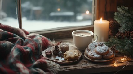 A rustic table setup with hot chocolate, gingerbread, and holiday spices.