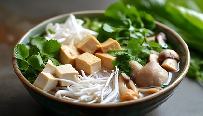 Wall Mural - Delicious Vietnamese Pho with Tofu, Mushrooms, Bok Choy, and Fresh Herbs in a Colorful Bowl