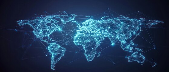 Poster - A digital world map with interconnected nodes representing global networking.
