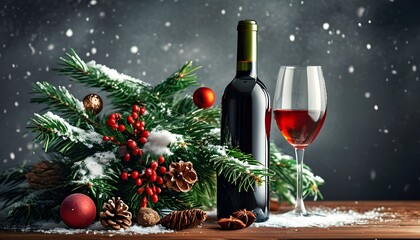 Festive Wine Display Adorned with Christmas Ornaments, Pine Branches, and Snowy Elements