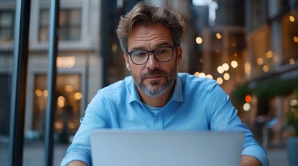 A thoughtful man in a trendy venue, working diligently on his laptop while immersed in a mixture of urban style and contemporary designs, reflecting focus.