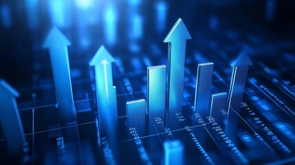 Leinwandbilder - Close-up of a 3D bar chart in blue tones with arrows pointing upward, representing a positive financial forecast and business expansion.
