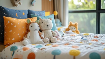 Two plush toys lie on a bed with colorful pillows and a patterned duvet.