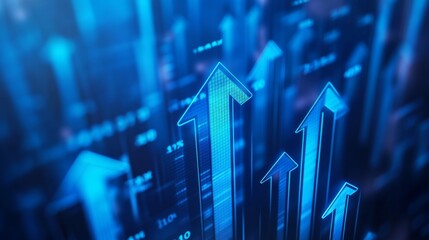 Leinwandbilder - Close-up of a 3D bar chart in blue tones with arrows pointing upward, representing a positive financial forecast and business expansion.