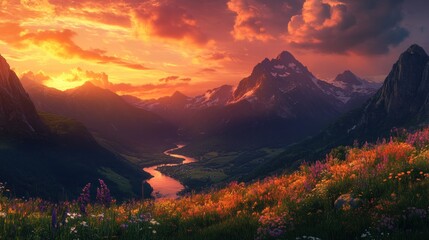 Wall Mural - A breathtaking sunset over mountains and a river, surrounded by vibrant wildflowers.