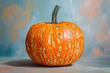 Sticker - A Single Orange Pumpkin with Green and White Markings on a Blue and Beige Background